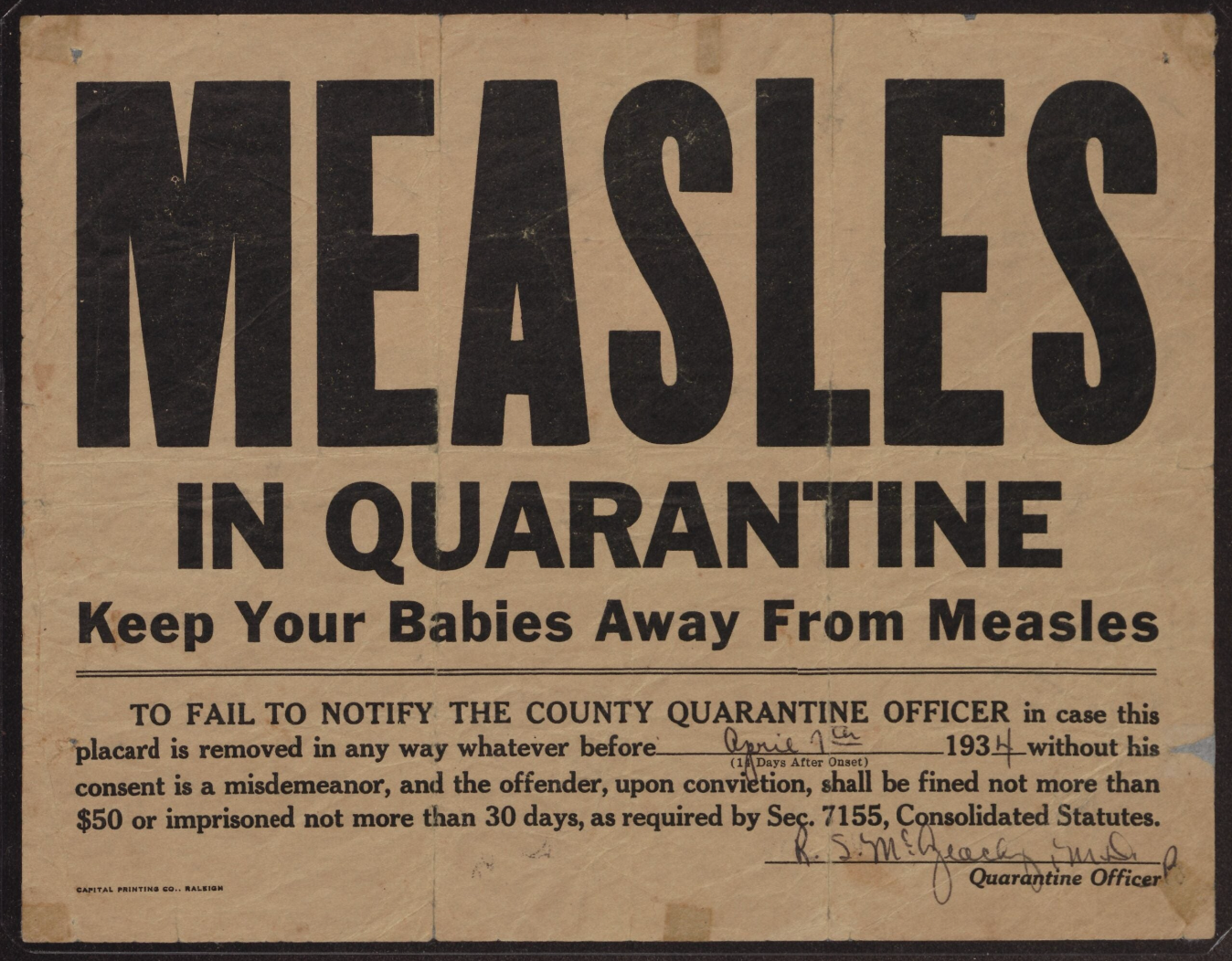 Historic quarantine sign warning “Measles in Quarantine—Keep Your Babies Away From Measles.”